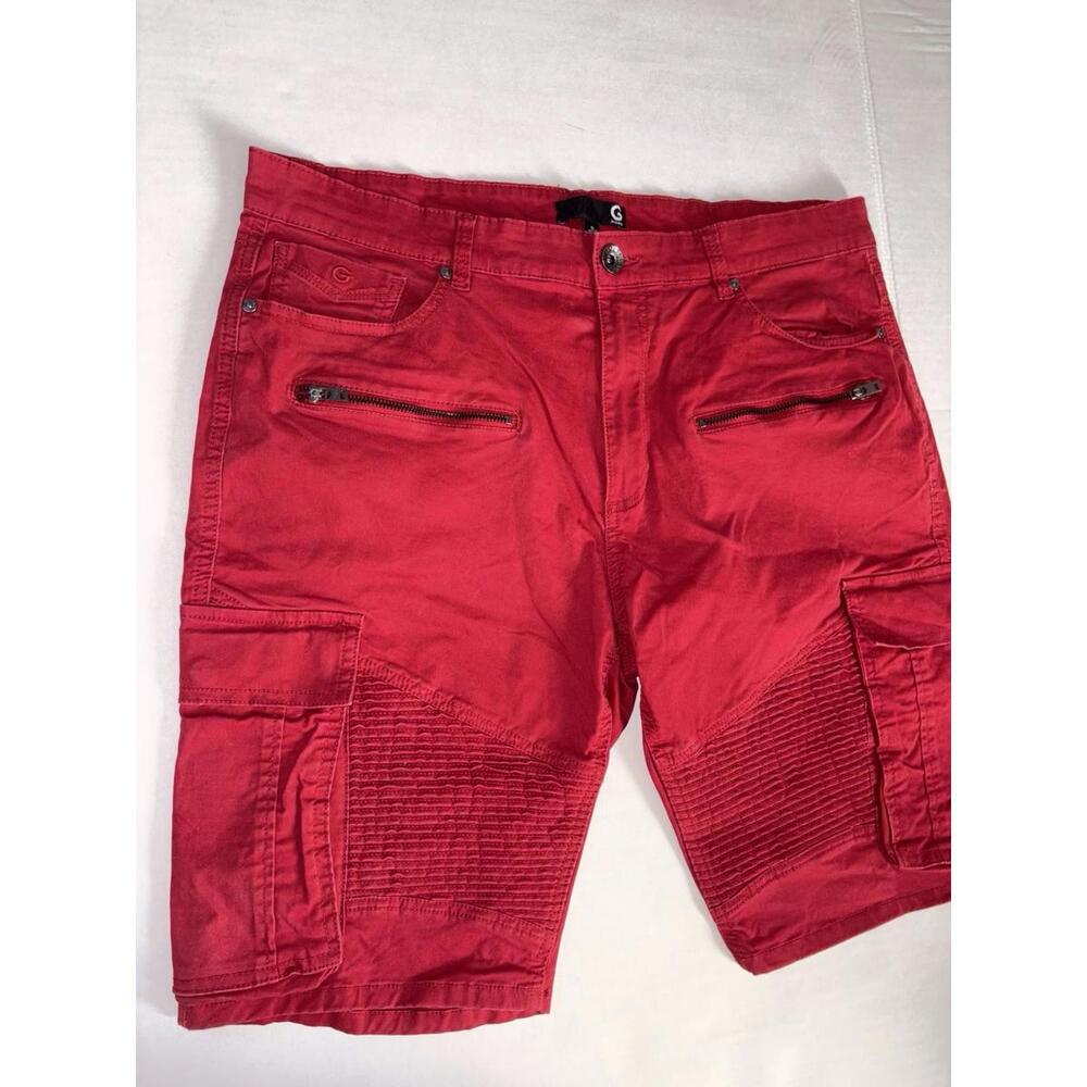 G By Guess MENS RED Cargo Zipper DENIM  SHORTS S 36